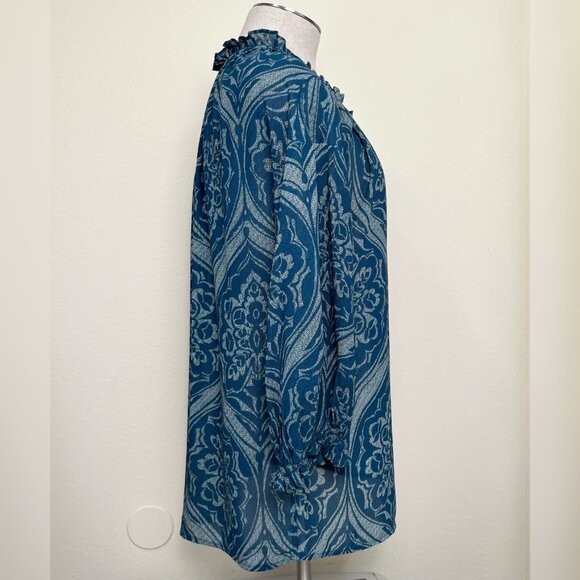 JOE FRESH Turquoise Blue Patterned Sheer 3/4 Sleeve Blouse Size Large - Picture 5 of 9